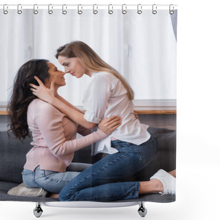 Personality  Side View Of Happy Lesbians Hugging In Living Room Shower Curtains