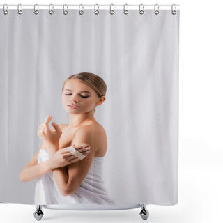 Personality  Young Woman Wrapped In Towel Exfoliating Skin With Brush On White Shower Curtains