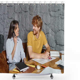 Personality  Young Cheerful Colleagues Working And Talking On Phone Smiling To Each Other, Coworking Concept Shower Curtains
