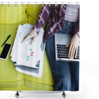 Personality  Cropped View Of Woman In Checkered Shirt Typing On Laptop And Looking At Graphs Shower Curtains