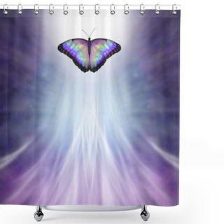 Personality  Multicoloured Butterfly Passing Into The Light - Metaphor For Death, A Multicoloured Butterfly Approaching Bright White Light On A Purple Blue Background And Upwardly Flowing White Light With Space For Copy Shower Curtains