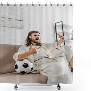 Personality  Aggressive Jesus In Crown Of Thorns Watching Football And Showing Middle Fingers Match At Home Shower Curtains