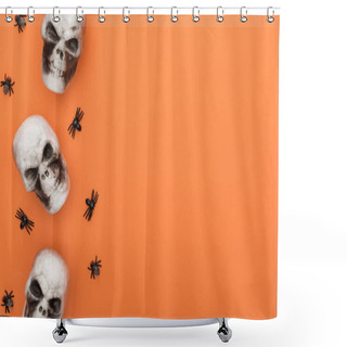 Personality  Top View Of Decorative Skulls And Spiders On Orange Background With Copy Space Shower Curtains