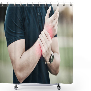 Personality  Sport, Injury And Golf, Man With Wrist Pain During Game On Course, Massage And Outdoor Relief In Health And Wellness. Green, Hands On Arm In Support And Golfer With Ache From Swing In Golfing Workout. Shower Curtains