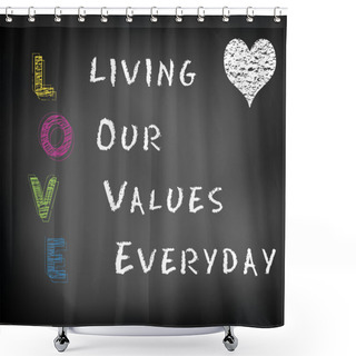 Personality  Conceptual LOVE Acronym Written On Black Chalkboard Blackboard. Living Our Values Everyday. Slide Template. Shower Curtains