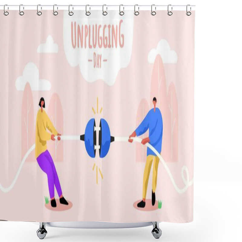 Personality  Man and woman in park playing tug of war with electric cord to disconnect plug from socket. shower curtains