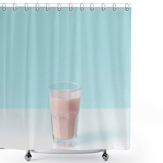 Personality  Closeup View Of Strawberry Milkshake In Glass On Blue Background  Shower Curtains