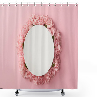 Personality  Top View Of Round White Plate And Beautiful Pink Flowers Isolated On Pink Background Shower Curtains