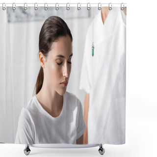 Personality  Cropped View Of Hypnotist Standing Near Woman And Holding Green Stone Near Her Face Shower Curtains