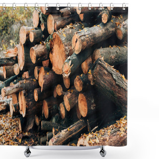 Personality  Close Up Of Stacked Wooden Logs Near Fallen Leaves  Shower Curtains