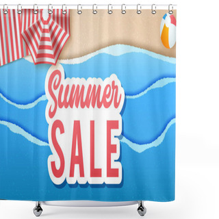 Personality  Summer Sale Banner Design With Paper Cut Tropical Beach. Vector Illustration Shower Curtains