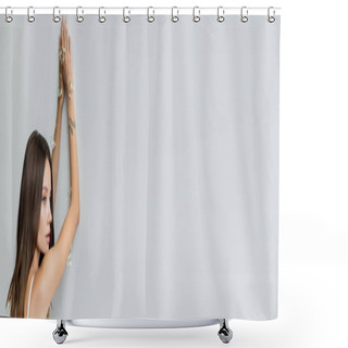 Personality  Young Tattooed Woman With White Gypsophila Flowers On Body Looking Away On Grey Background, Banner Shower Curtains