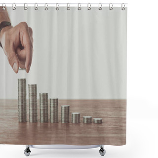Personality  Cropped Image Of Man Stacking Last Coin On Wooden Table, Saving Concept Shower Curtains