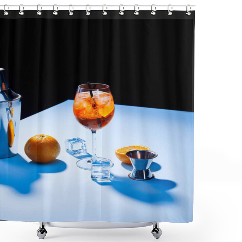 Personality  cocktail Aperol Spritz, oranges, shaker, ice cubes and measuring cup  shower curtains