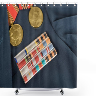 Personality  Closeup Shot Of Different Medals On Navy Blue Jacket, Victory Day Concept  Shower Curtains