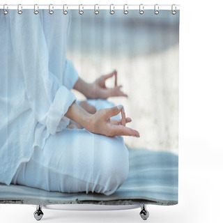 Personality  Cropped Image Of Woman In Ardha Padmasana (half Lotus Pose) On Yoga Mat By Sea  Shower Curtains