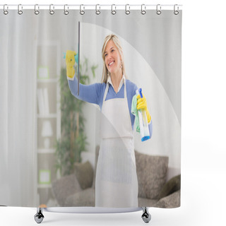 Personality  Woman Cleans Window In House Shower Curtains