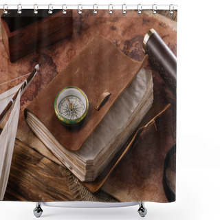 Personality  Brown Leather Notebook With Compass On Wooden Surface With World Map Shower Curtains