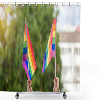 Personality  Hands Showing LGBTQ Rainbow Flag On Green Nature Background. Support Lesbian, Gay, Bisexual, Transgender And Queer Community And Pride Month Concept Shower Curtains