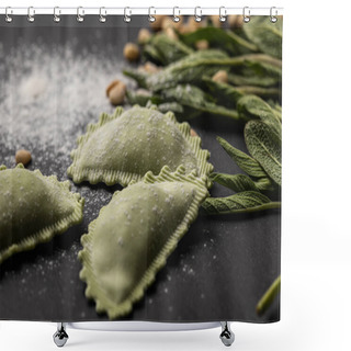 Personality  Selective Focus Of Green Ravioli Near Sage, Flour And Pine Nuts On Black Table Shower Curtains