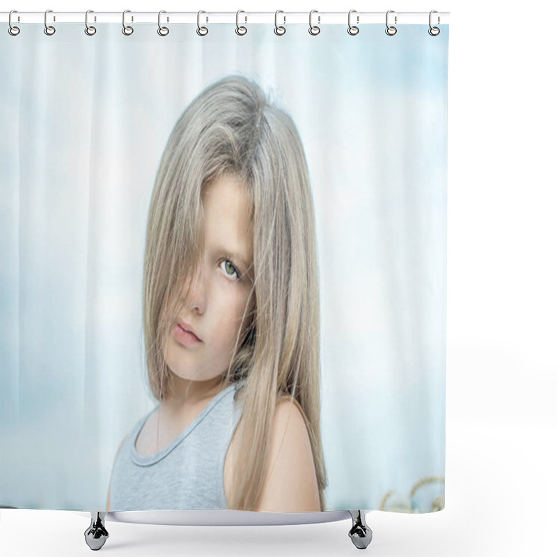 Personality  A Pretty Little Girl Looking Sad In The Background Of Blue Sky Shower Curtains