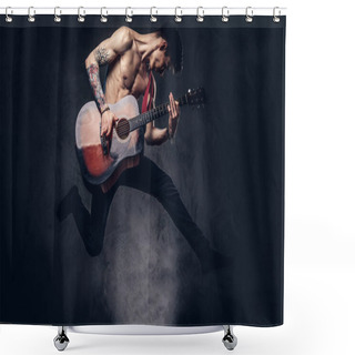 Personality  Handsome Shirtless Young Musician Playing Guitar While Jumping. Shower Curtains