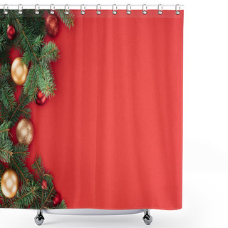 Personality  Flat Lay With Pine Tree Branches With Red And Golden Christmas Balls Isolated On Red Shower Curtains