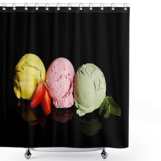 Personality  Delicious Lemon, Strawberry And Mint Ice Cream Balls Isolated On Black Shower Curtains