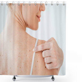 Personality  Cropped View Of Smiling Woman Pointing With Finger At Mole On White  Shower Curtains