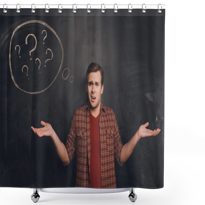 Personality  Handsome Young Freelancer At A Loss On The Background Of Chalkbo Shower Curtains