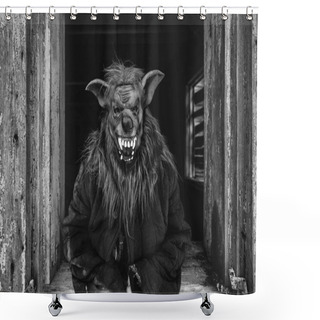 Personality  Black And White Photo Of Person In Creepy Mask In Wooden House Shower Curtains