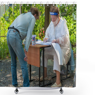 Personality  Petrozavodsk, Russia - 26 June 2020. The Referendum In Russia On The Adoption Of Amendments To The Constitution Began On June 25. Part Of The Voting Takes Place At Improvised Street Polling Stations. Shower Curtains