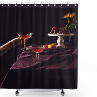 Personality  Cropped Shot Of Woman Taking Glass Of Wine From Table With Fruits On Black Shower Curtains