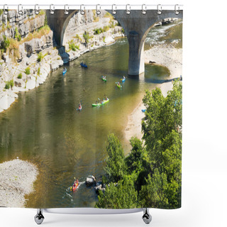 Personality  Canoeists On The River Ardeche Under The Old Bridge Near Balazuc Shower Curtains