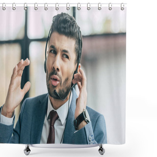 Personality  Displeased Call Center Operator In Headset Showing Indignation Gesture Shower Curtains