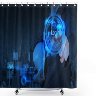 Personality  Businessman Pressing Login Button On Internet Shower Curtains