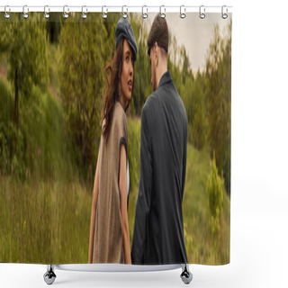 Personality  Trendy Brunette Woman In Vest And Newsboy Cap Looking At Camera While Walking Near Boyfriend In Jacket With Blurred Landscape At Background, Stylish Couple In Rural Setting, Banner  Shower Curtains