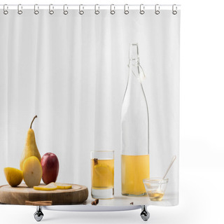 Personality  Bottle Of Cider With Apple And Pear On Wooden Board On White Shower Curtains