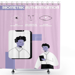 Personality  Man Uses Phone For Recognizing His Face. Concept Of Face Identification Technology Using. Biometric Authentication Icons On Background. Flat Vector Illustration  Shower Curtains