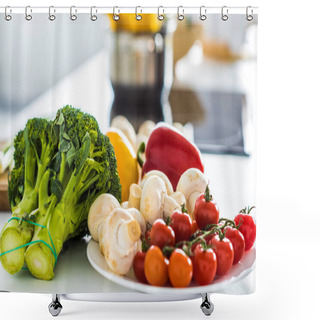 Personality  Broccoli, Mushrooms And Cherry Tomatoes On Plate In Kitchen Shower Curtains