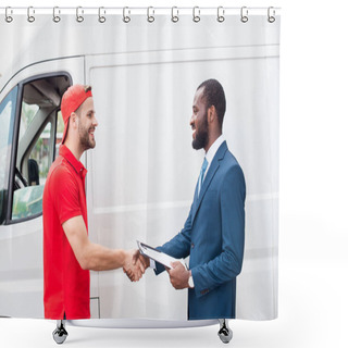 Personality  Smiling Delivery Man And African American Businessman Shaking Hands Near Van Shower Curtains