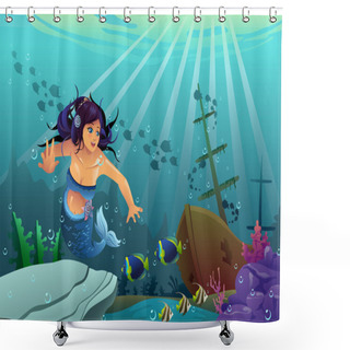 Personality  Mermaid In Underwater Scene Shower Curtains