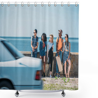 Personality  Multicultural People With Empty Cardboard Hitchhiking Shower Curtains