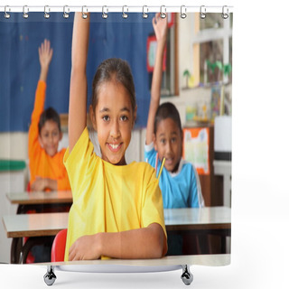 Personality  School Children With Raised Hands In Classroom Shower Curtains