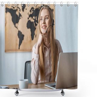 Personality  Smiling Travel Agent Looking Away While Sitting At Workplace Shower Curtains