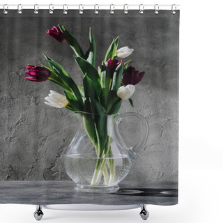 Personality  Fresh Purple And White Tulips In Glass Jug On Grey Surface Shower Curtains