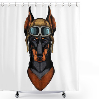 Personality  Dog, Doberman. Portait Of Animal. Vintage Aviator Helmet With Googles. Shower Curtains