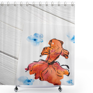 Personality  Top View Of Paper With Japanese Painting With Orange Fish On Wooden Background Shower Curtains