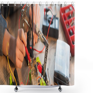 Personality  Cropped View Of Child Making Robotic Model With Millimeter At Home, Banner  Shower Curtains