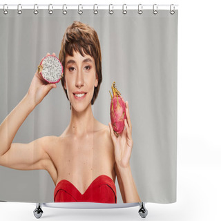 Personality  Young Woman In Red Dress Gracefully Holds Fresh Dragon Fruit. Shower Curtains